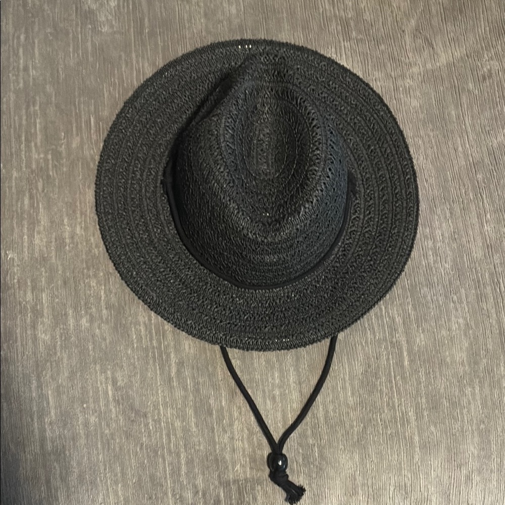 Black Crochet Fedora Cowboy Western Straw Sun Beach Hat Adjustable Strap Gap